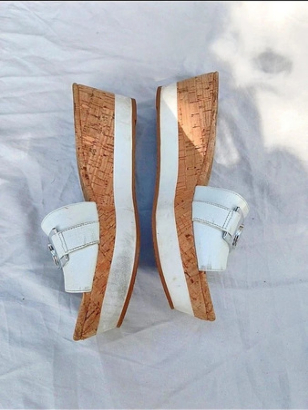 Michael Kors Warren Platform Cork Wedge Slide Sandal White & Brown - Picture 2 of 5
